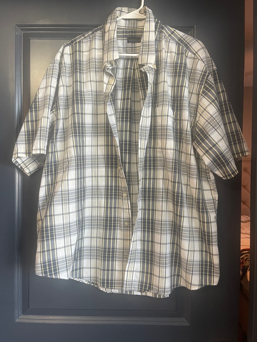 Van Heusen Men’s Short Sleeve Plaid Button-Down Shirt - White, Gray, Black